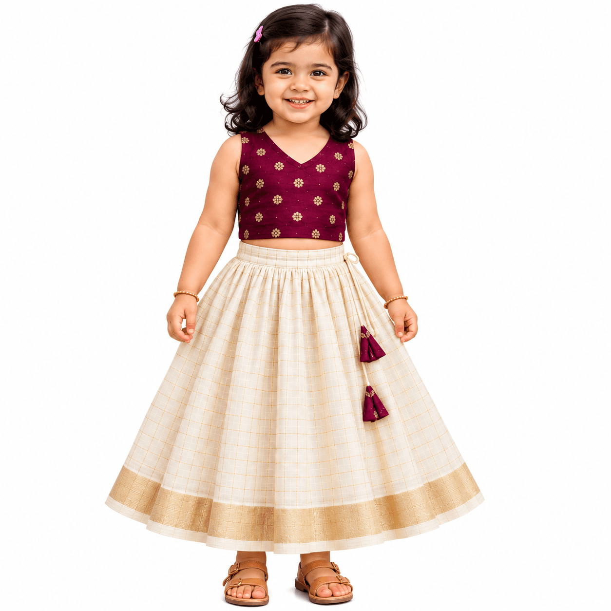 Wine tissue silk top & hallwhite cheched skirt Wine tissue silk top & hallwhite cheched skirt