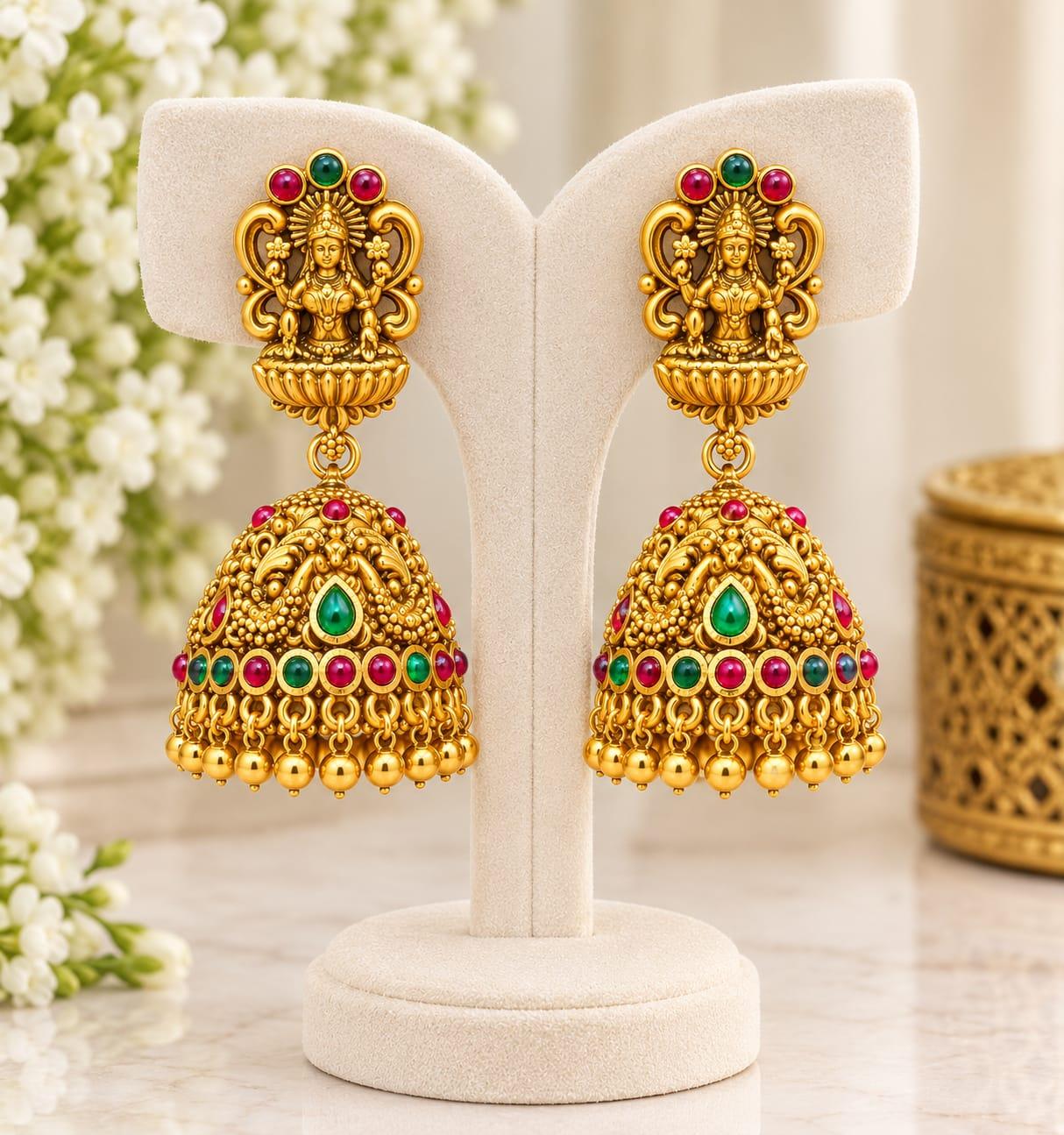 south temple lakshmi jhumka-green and red stone south temple lakshmi jhumka-green and red stone