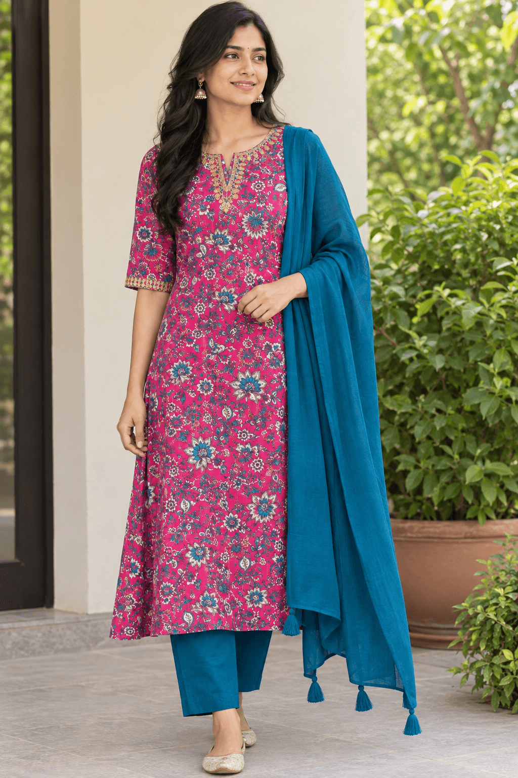 Pink Floral Printed 3-Piece Salwar Suit Set with Teal Blue Dupatta Pink Floral Printed 3-Piece Salwar Suit Set with Teal Blue Dupatta