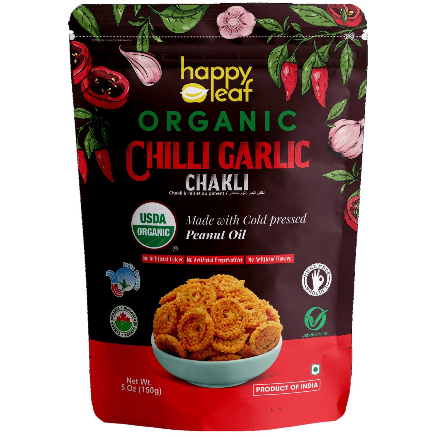 Happy Leaf Organic Chilli Garlic Chakli - Spicy Crunchy Snack 150 g Happy Leaf Organic Chilli Garlic Chakli - Spicy Crunchy Snack 150 g